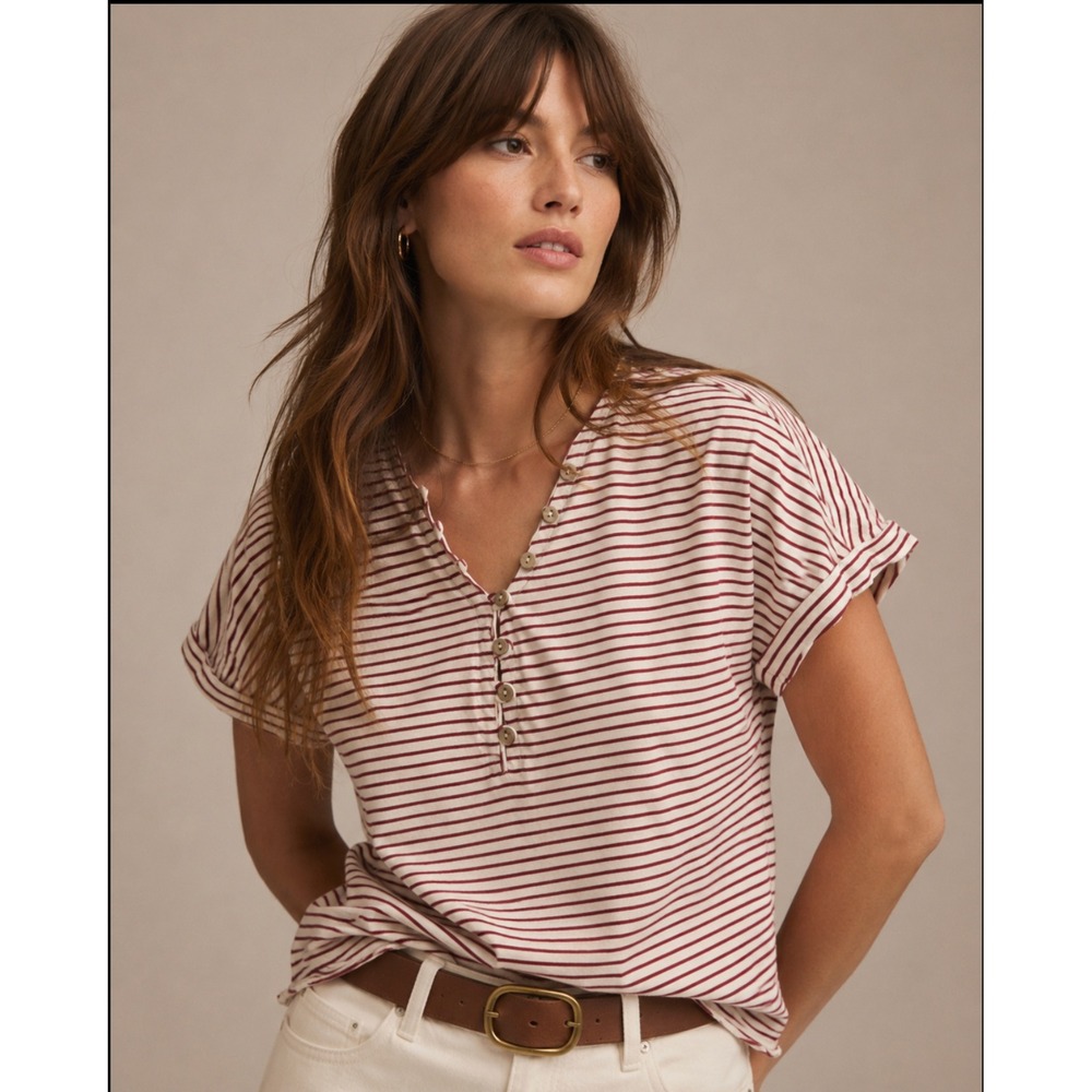 New View Henley Top M Red Cream Striped Short Sleeve Cotton Casual Nautical
